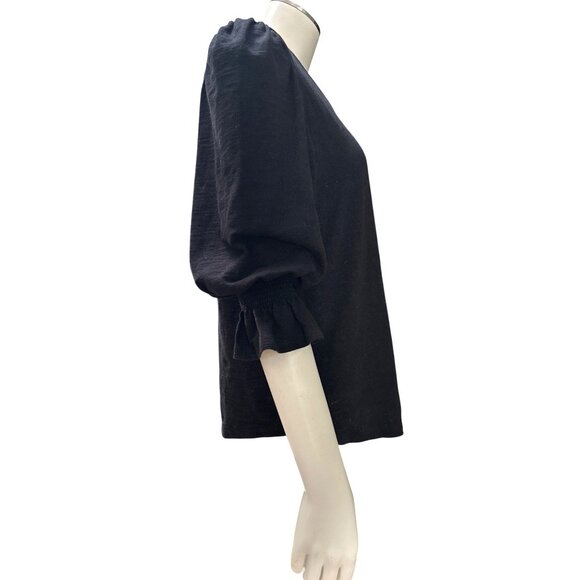 Chicos Size 1 Black Puff Sleeve Smocked Ruffle Cuff Knit Top Modern Minimalist - Picture 5 of 10